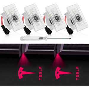 4 stk. Tesla Puddle Lights Bildør Logo Projektor Lys, Ultralette Falmer Aldrig Velkomst Trinelys med Værktøj, Plug & Play (Rød)[GKS}