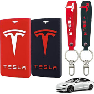 Tesla Nøglekort Holder, Tesla Nøglekort Holder Model Y/3, Silikonetui med nøglering til Tesla tilbehør, 2 stk., rød og sort