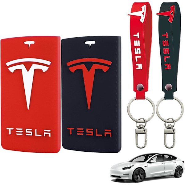 Tesla Nøglekort Holder, Tesla Nøglekort Holder Model Y/3, Silikonetui med nøglering til Tesla tilbehør, 2 stk., rød og sort