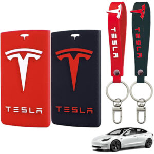 Tesla Nøglekort Holder, Tesla Nøglekort Holder Model Y/3, Silikonetui med nøglering til Tesla tilbehør, 2 stk., rød og sort