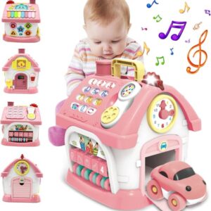 Montessori Legetøj til 1+ Årig Pige - Småbørnslegetøj Alder 1-2, 8-i-1 Legetøj med Lyd/Lys/Musik/Ur/Telefon/Bil