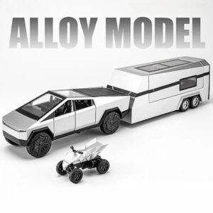Cool Tesla Cybertruck med campingvogn Trykstøbt legetøjsbil metal miniaturemodel pull-back lyd og lys samling gave dreng