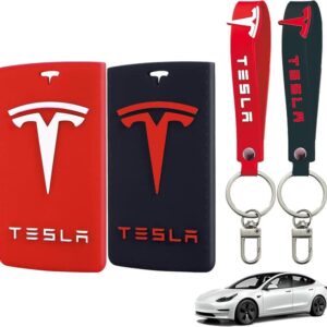 Tesla Nøglekort Holder, Tesla Nøglekort Holder Model Y/3, Silikonetui med nøglering til Tesla tilbehør, 2 stk., rød og sort