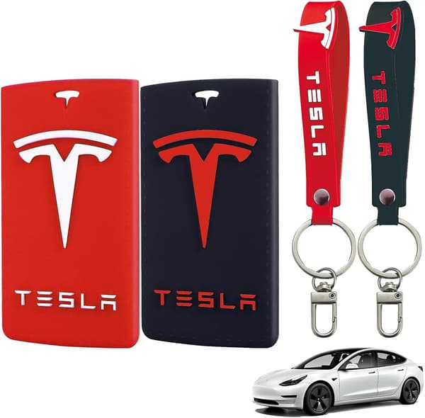 Tesla Nøglekort Holder, Tesla Nøglekort Holder Model Y/3, Silikonetui med nøglering til Tesla tilbehør, 2 stk., rød og sort