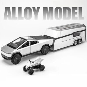 1/32 Tesla Cybertruck med Touring Car RV Campingvogn Diecast Legetøj Metal Miniaturemodel Træk Tilbage Lyd Lys Samling Gave Dreng Sølv