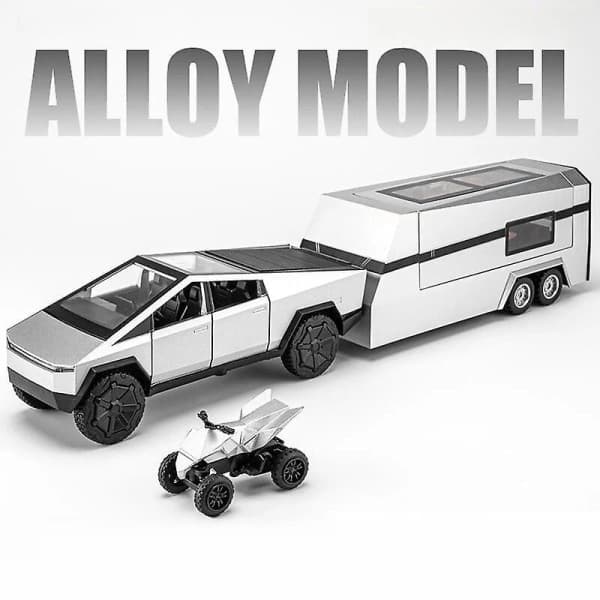 1/32 Tesla Cybertruck med Touring Car RV Campingvogn Diecast Legetøj Metal Miniaturemodel Træk Tilbage Lyd Lys Samling Gave Dreng Sølv