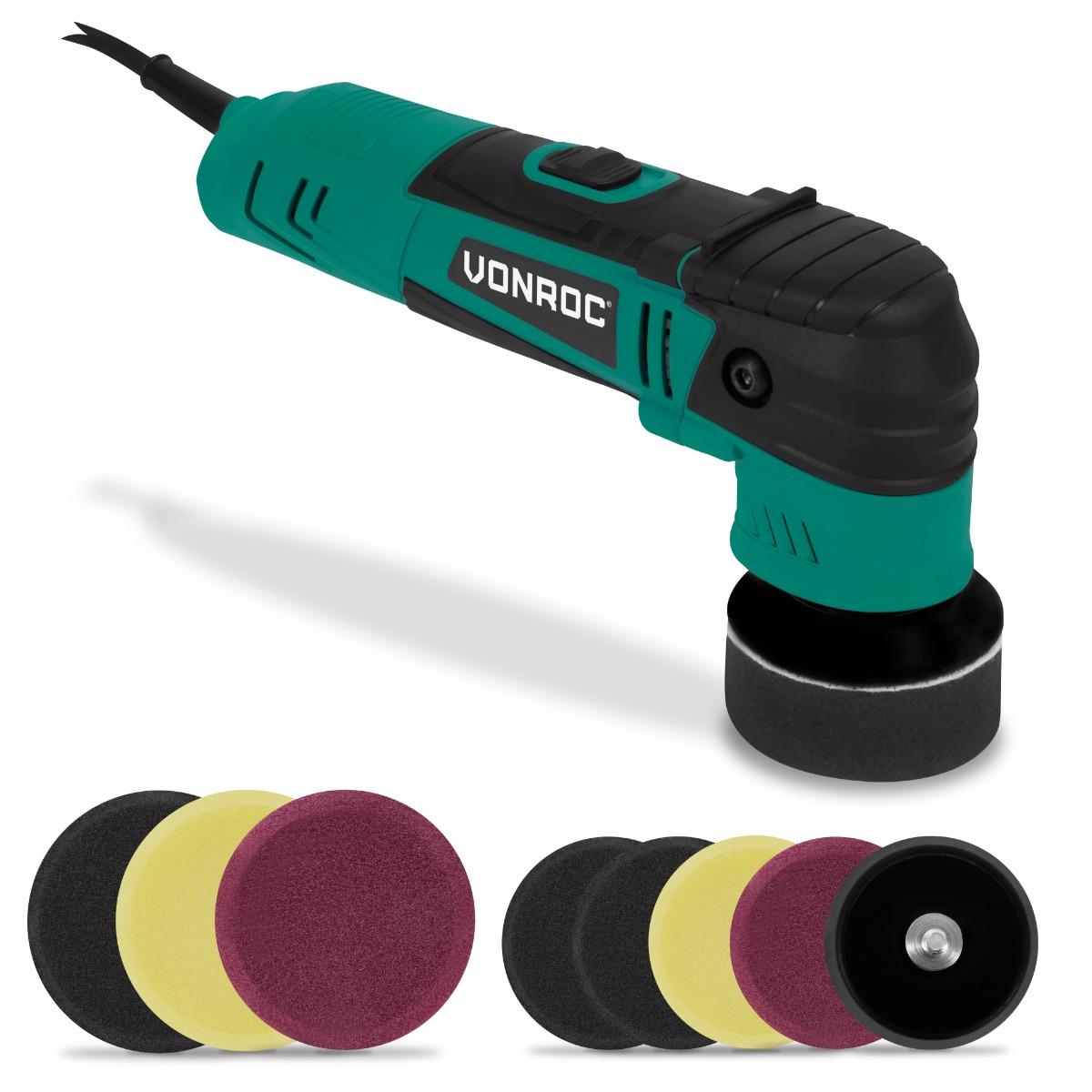 VONROC Polermaskine - 400W | Excentrisk - Ø50 & Ø75MM | Dual Action | Perfekt til bil og båd | Inkl. 2 stk. polersåle og 8 stk. polersvampe